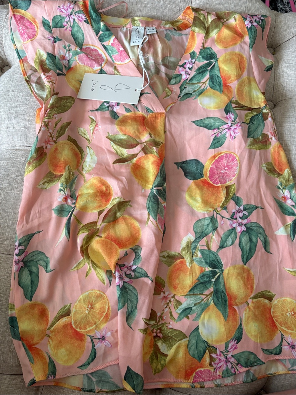 Joie Peach Citrus Print V-Neck Blouse